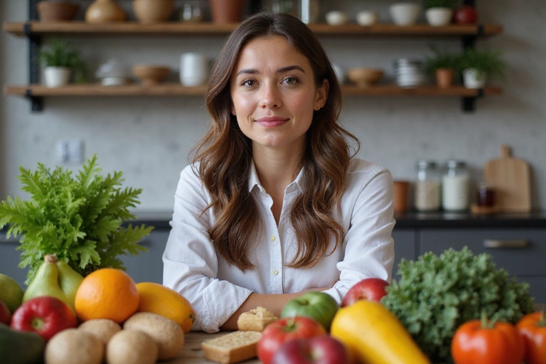 Nutritionist in a thoughtful pose, reflecting on her journey with a backdrop of a healthy food spread
